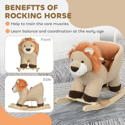 The rocking animal shown from multiple angles with text listing its developmental benefits