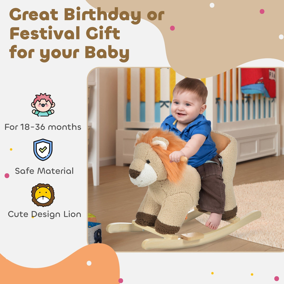 The rocking animal featured in a promotional graphic highlighting its suitability as a gift