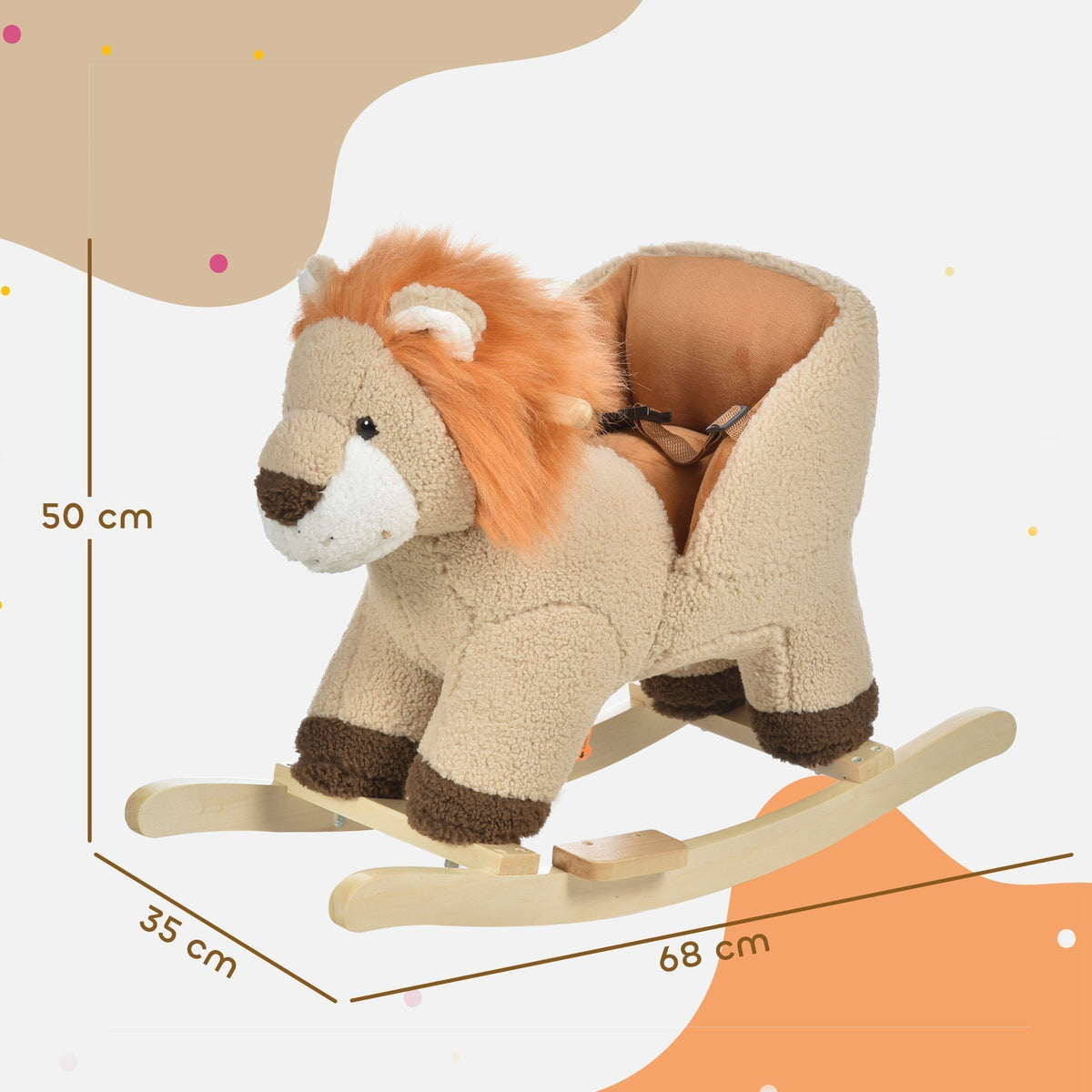 The rocking animal shown with dimension lines indicating its height, width and length