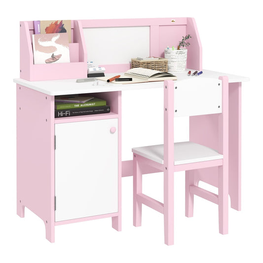 HOMCOM Kids Desk And Chair Set in pink and white with storage shelves and a whiteboard backboard