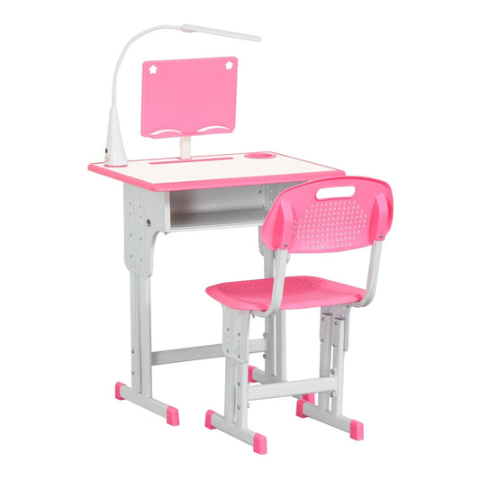 HOMCOM Kids Desk and Chair Set Adjustable Height Study Table Set with Drawer, a pink desk and chair set with a lamp