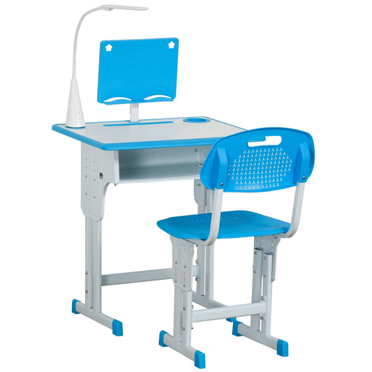 HOMCOM Kids Desk and Chair Set Adjustable Height Study Table Set with Drawer in blue and white