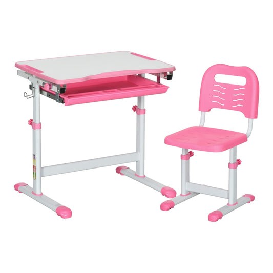 HOMCOM Kids Desk and Chair Set, a pink writing desk with a matching chair, both adjustable
