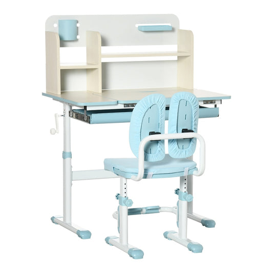 HOMCOM Kids Desk and Chair Set with storage shelves and a blue washable cover