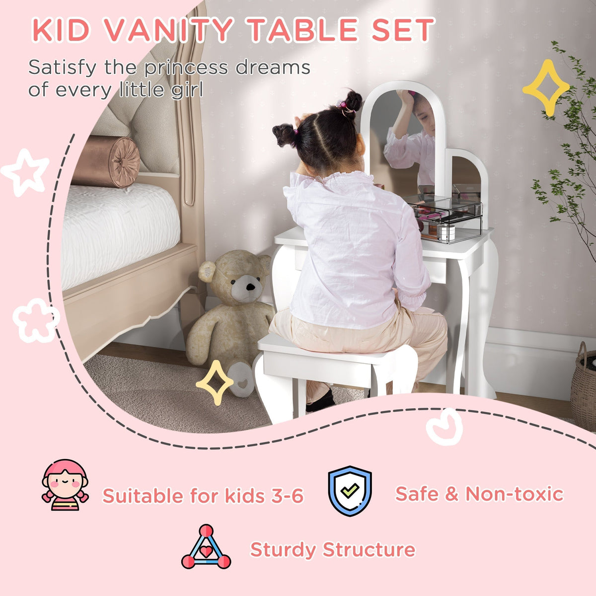 The white dressing table set is suitable for kids and has a sturdy structure