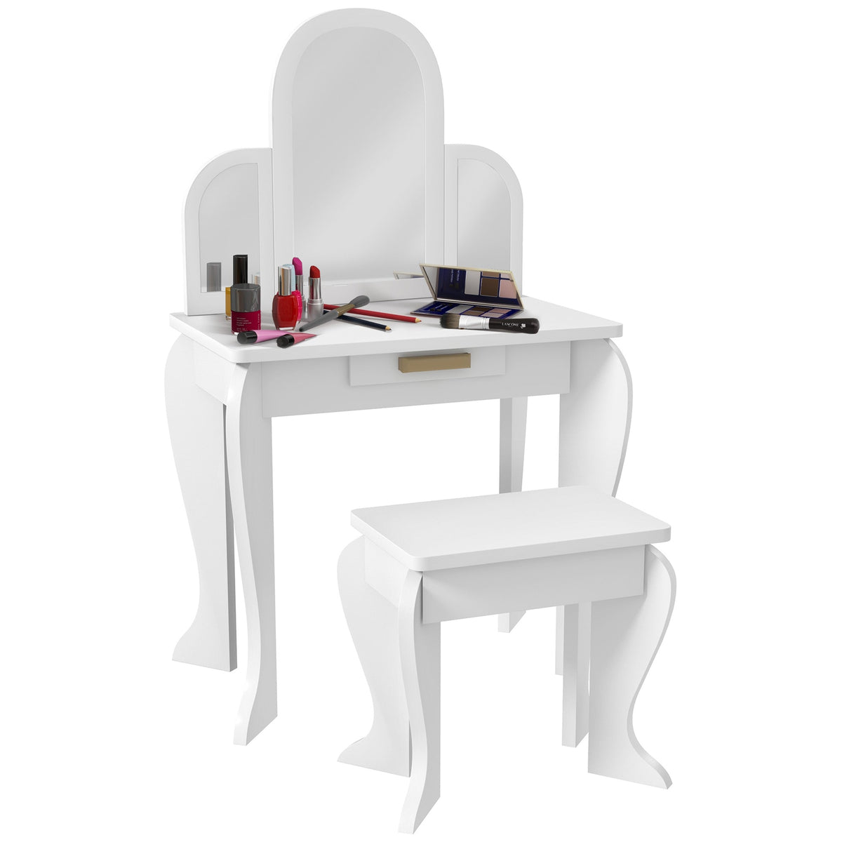 HOMCOM Kids Dressing Table Set with a tri-fold mirror and a single drawer