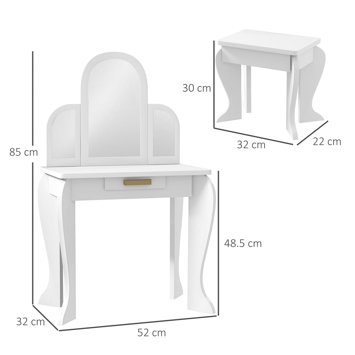 Dimensions of the white dressing table and stool set
