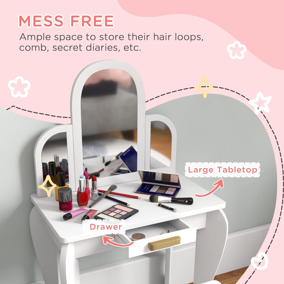 Close up of the white dressing table showing the drawer and tabletop contents