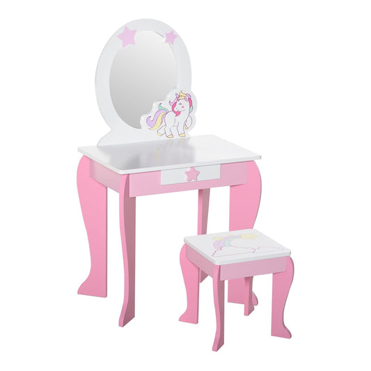 HOMCOM Kids Dressing Table with Mirror in pink with a unicorn motif and matching stool