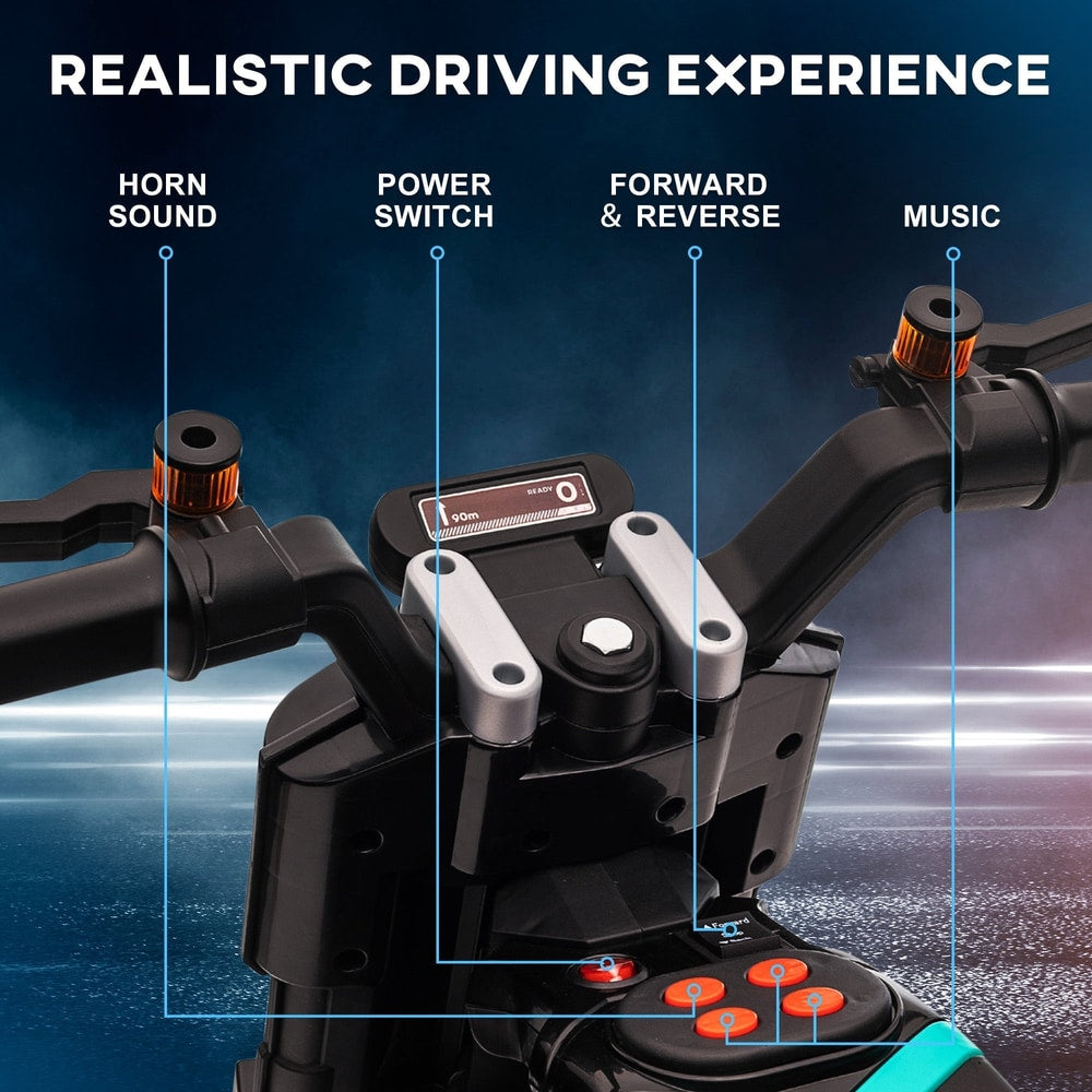 Close up of the handlebars showing buttons for horn sound, power switch, forward, reverse and music