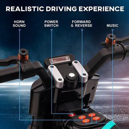 Close up of the handlebars showing buttons for horn sound, power switch, forward, reverse and music