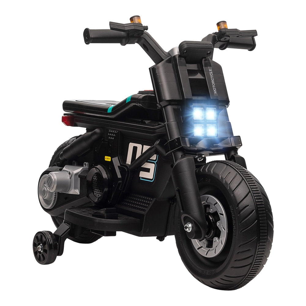 HOMCOM Kids Electric Motorbike with Siren in black with illuminated front headlights and training wheels