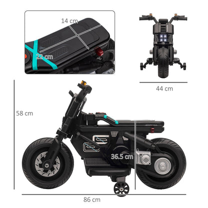 The electric motorbike shown from multiple angles with lines indicating height and length dimensions
