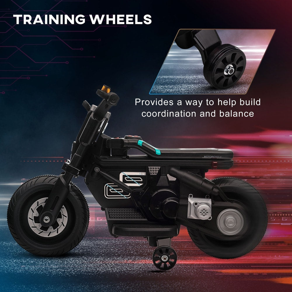 The electric motorbike highlighting the small training wheels attached to the rear frame