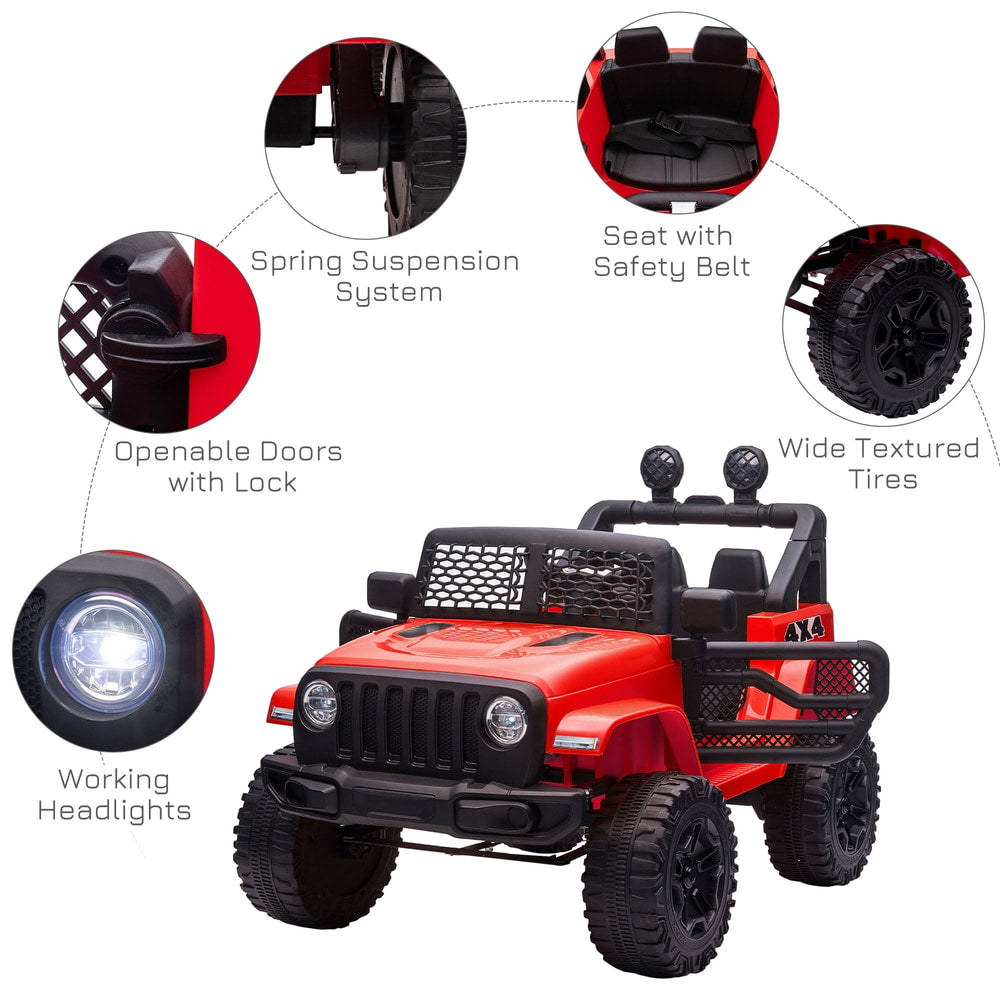 The ride-on car surrounded by circular callouts highlighting the lights, doors and wheels