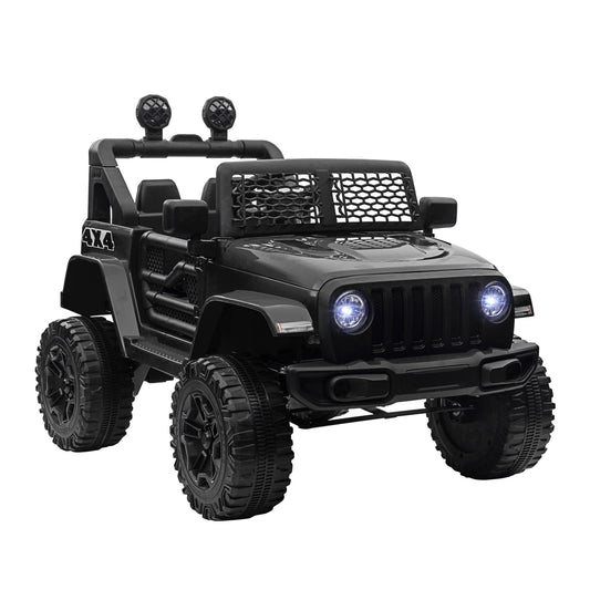 HOMCOM Kids Electric Ride On Car, a black off-road style toy vehicle with large wheels and lights