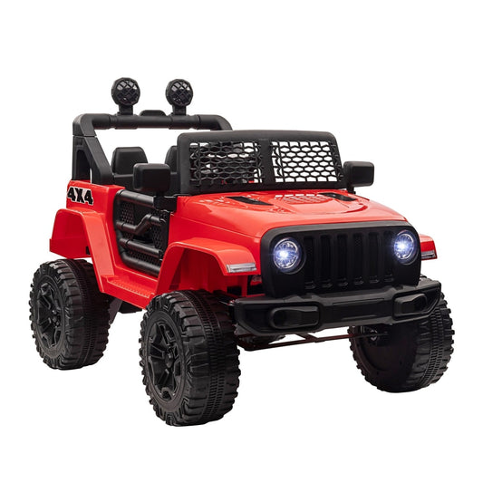 HOMCOM Kids Electric Ride On Car in bright red with black wheels and off-road styling