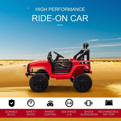 The red ride-on car parked on a sandy desert background with feature icons below