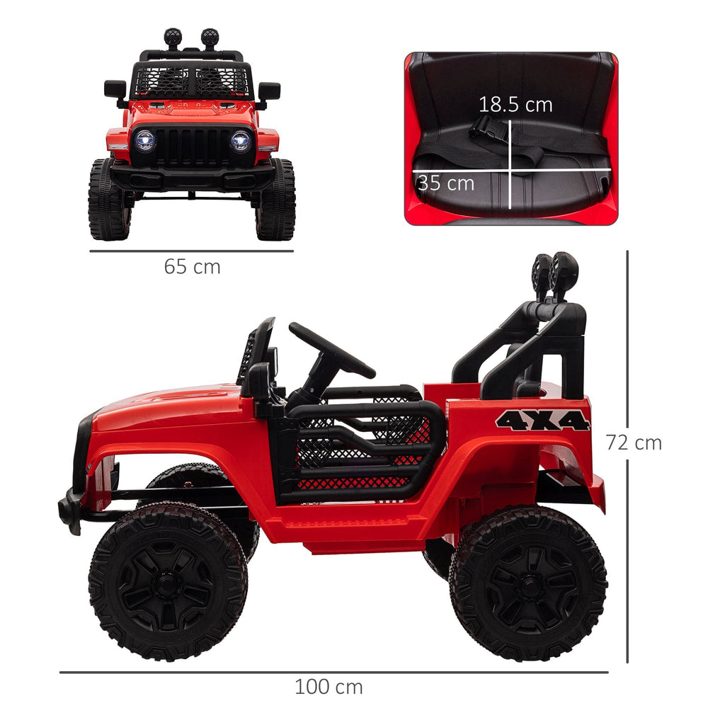 The ride-on car shown from the side with dimensions and a close-up of the seat area
