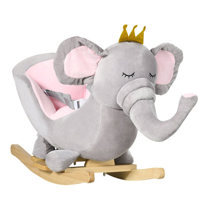 HOMCOM Kids Elephant-Designed Rocking Horse in grey with a gold crown and wooden base