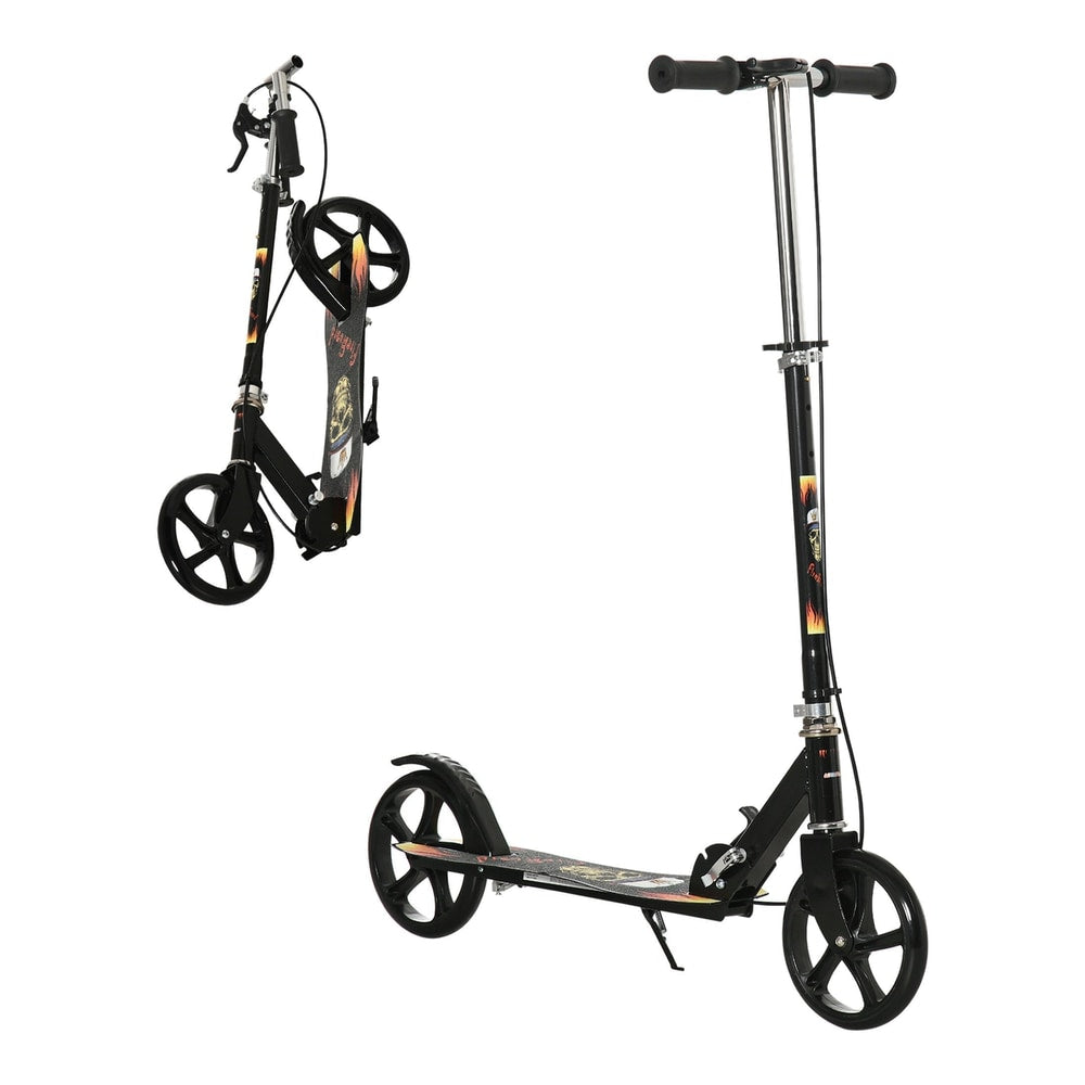 HOMCOM Kids Foldable Kick Scooter w/ Adjustable Height, black, shown folded and unfolded