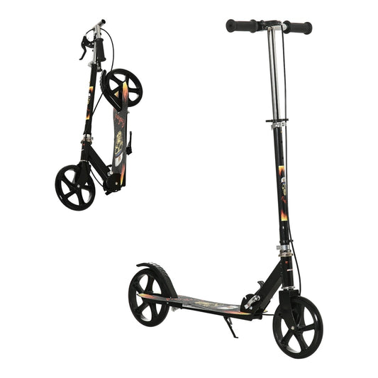HOMCOM Kids Foldable Kick Scooter w/ Adjustable Height, black, shown folded and unfolded
