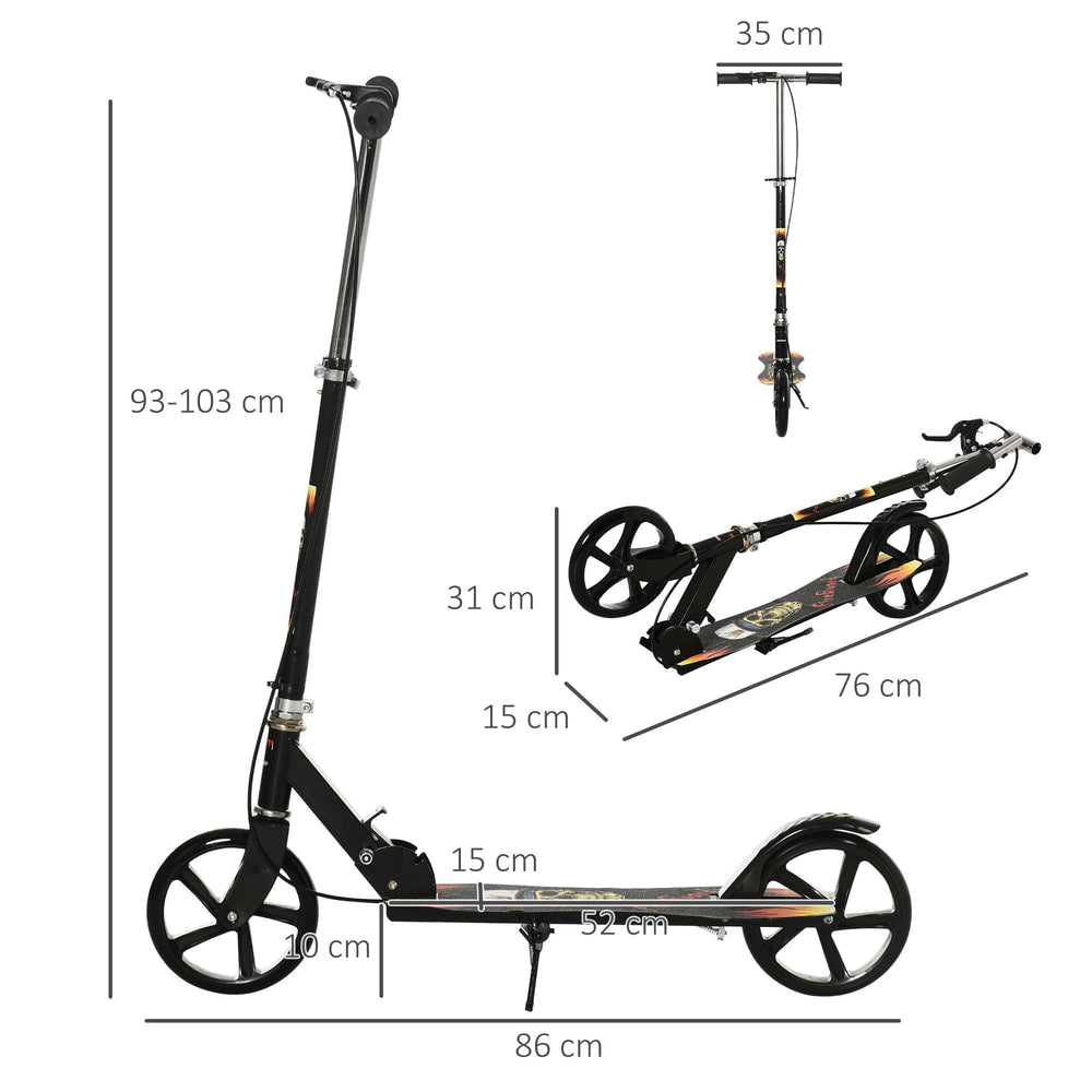 Black foldable kick scooter with dimensions shown for height and length