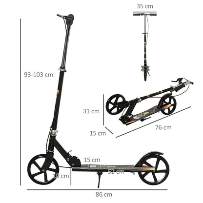 Black foldable kick scooter with dimensions shown for height and length