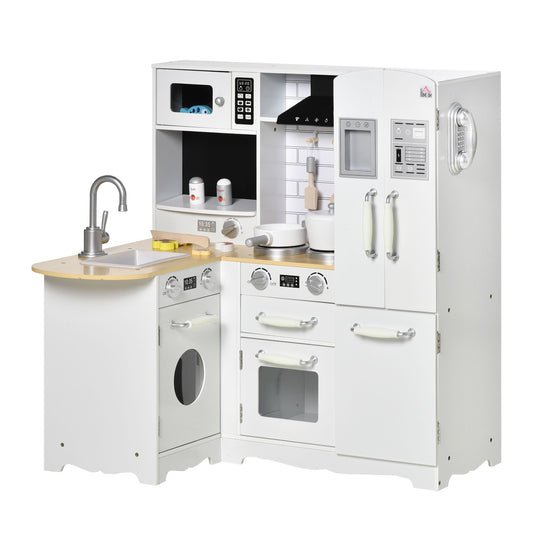 HOMCOM Kids Kitchen Playset in white with a sink, oven, microwave, and fridge