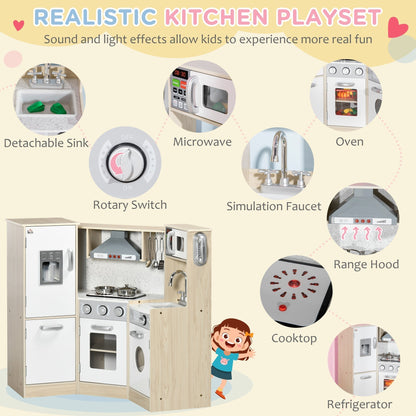 Close up of the wooden kitchen playset showing the sink, microwave, oven and hob