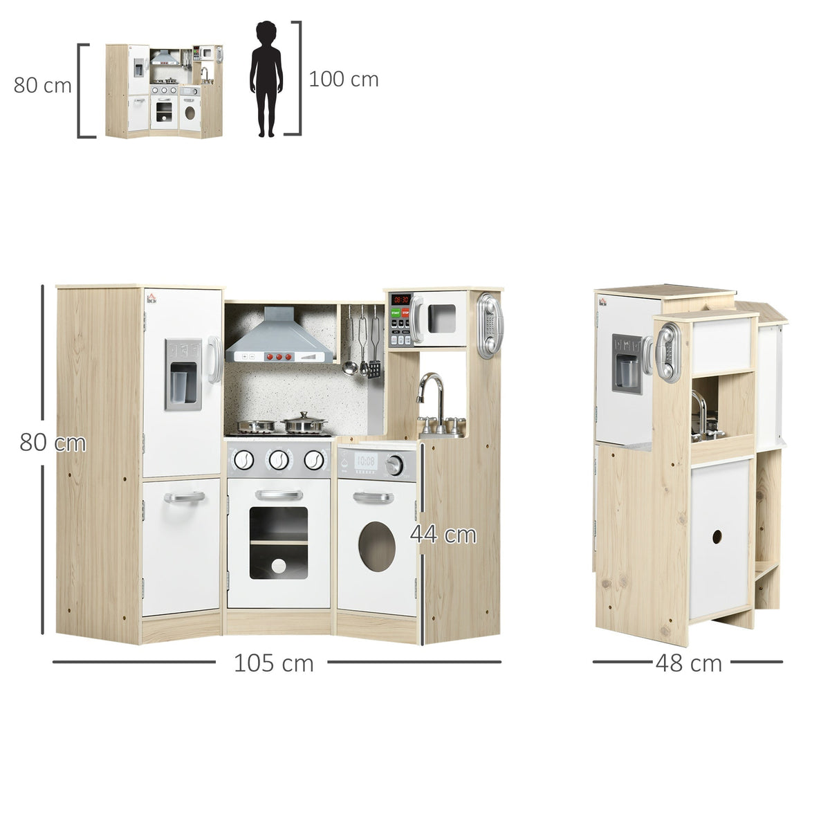 This wooden kitchen playset is shown with a child size diagram and dimensions