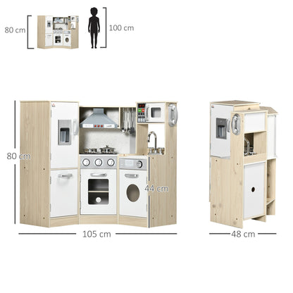 This wooden kitchen playset is shown with a child size diagram and dimensions