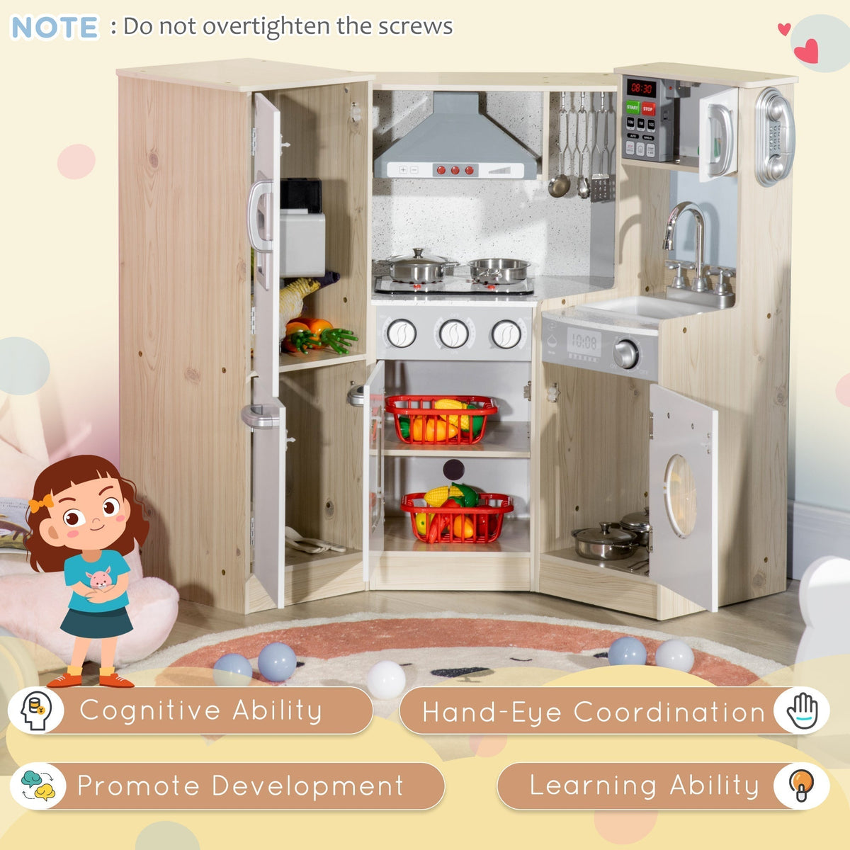 The role play toy with doors and cupboards open to reveal storage space and play food