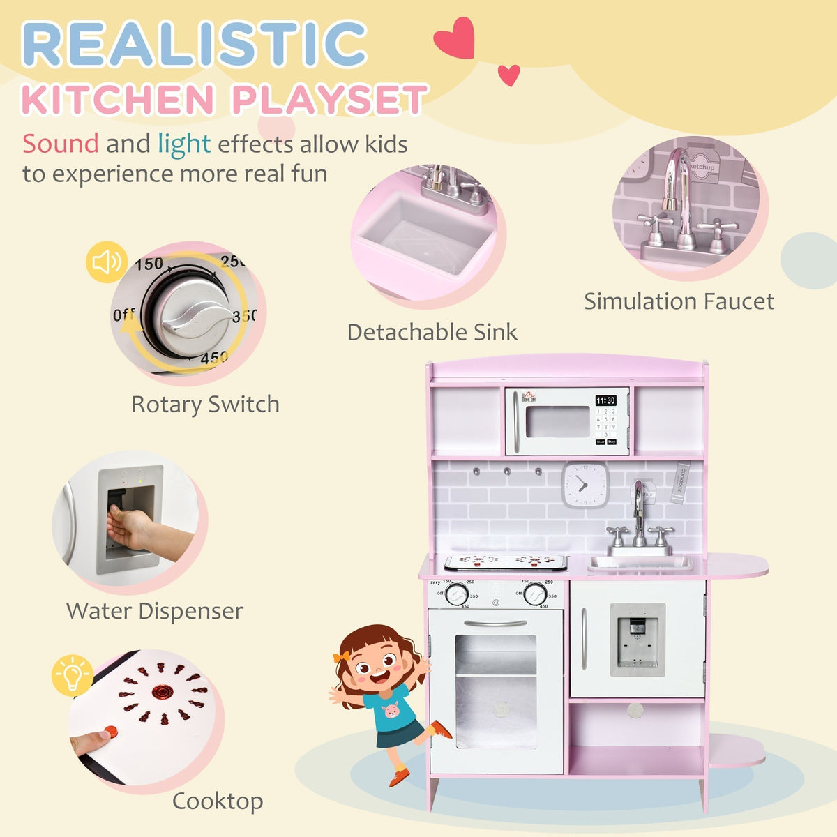 Close up of the pink children's role play toy kitchen features