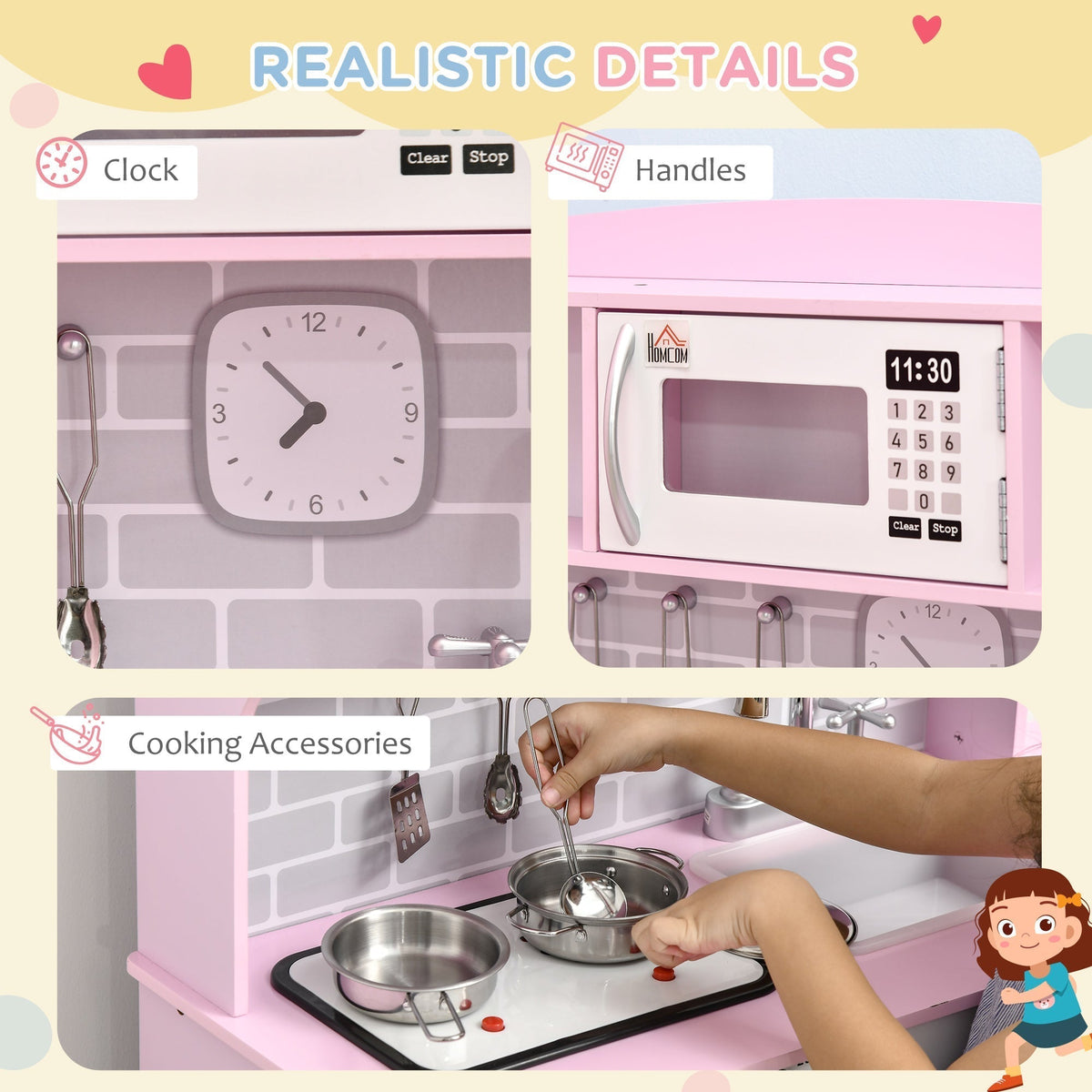 Close up of the cooking accessories and microwave on the toy kitchen