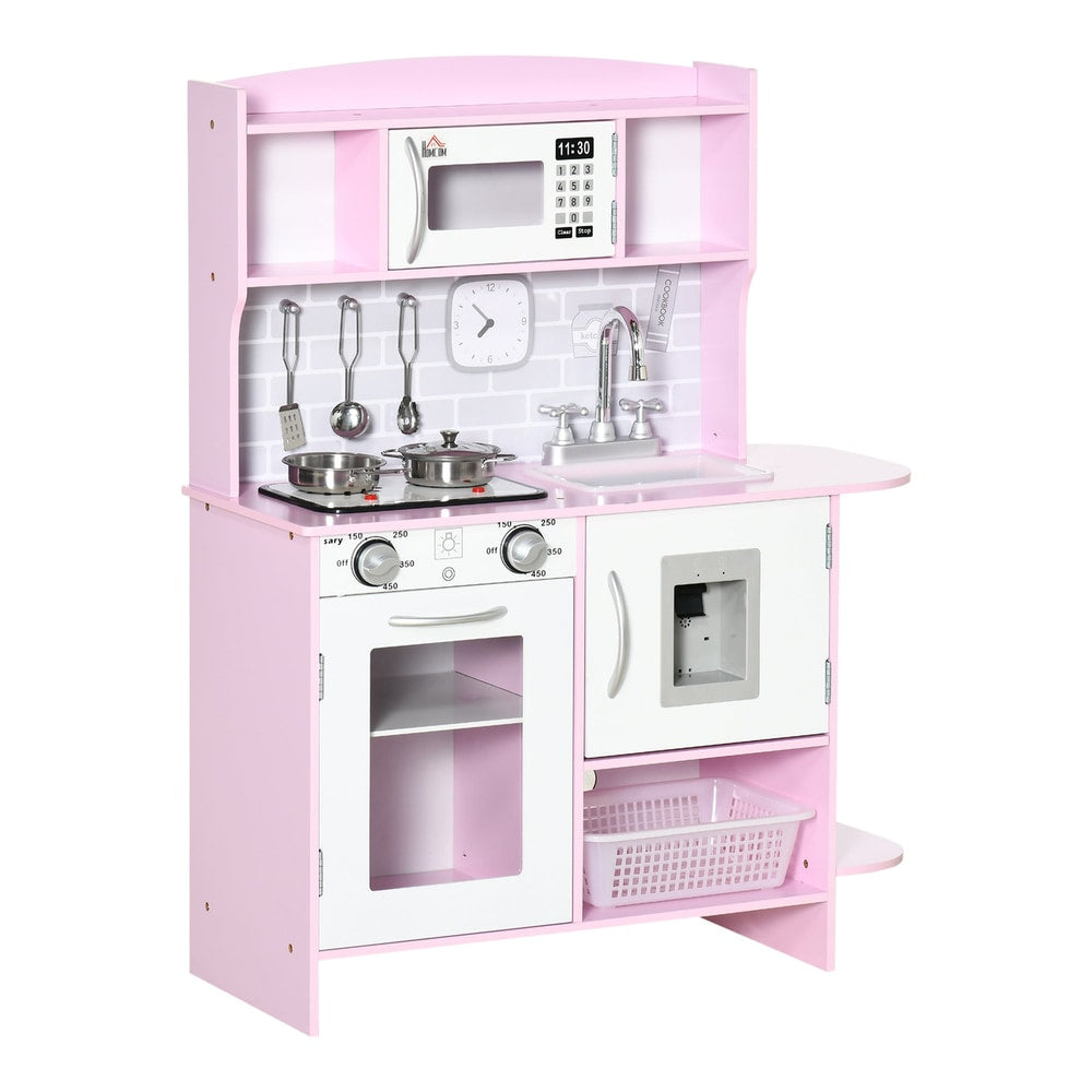 HOMCOM Kids Kitchen Playset in pink with microwave, oven, sink and hob
