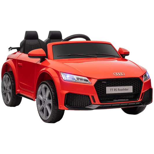 HOMCOM Kids Licensed Audi TT Ride-On Car in red, a sporty two-seater convertible with black interior and grey wheels