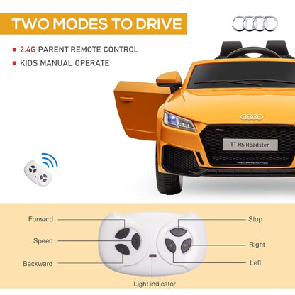Remote control and open door of the yellow ride-on car