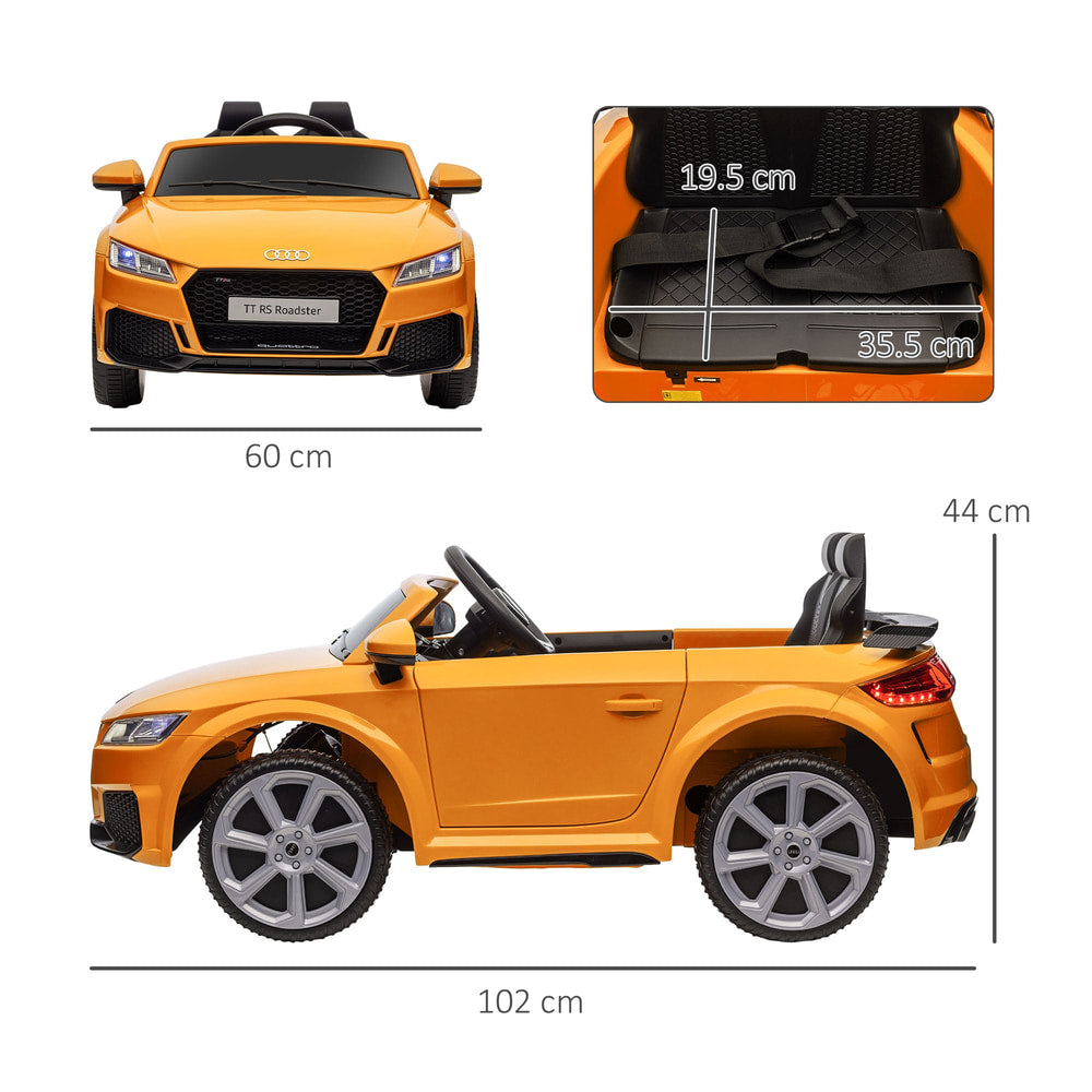 Dimensions of the yellow ride-on car shown from front and side