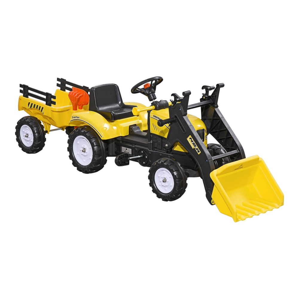 HOMCOM Kids Pedal Go Kart Excavator a yellow ride-on toy with a front loader and detachable trailer