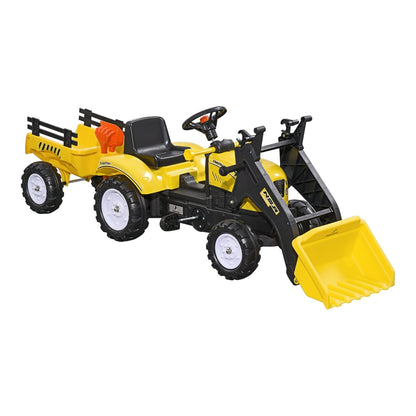 HOMCOM Kids Pedal Go Kart Excavator a yellow ride-on toy with a front loader and detachable trailer