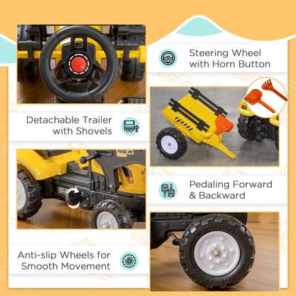 Details of the yellow pedal go kart excavator toy including the steering wheel pedals and wheels
