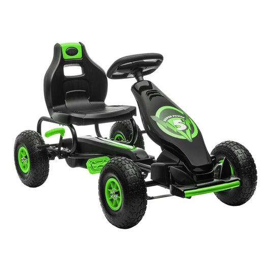 HOMCOM Kids Pedal Go Kart, a green and black ride-on car with black inflatable tyres and green wheel rims