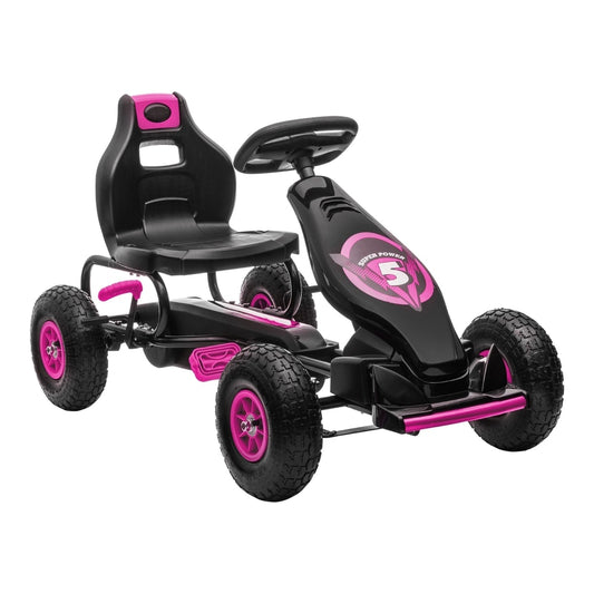 HOMCOM Kids Pedal Go Kart in pink and black with a black seat and pink wheels