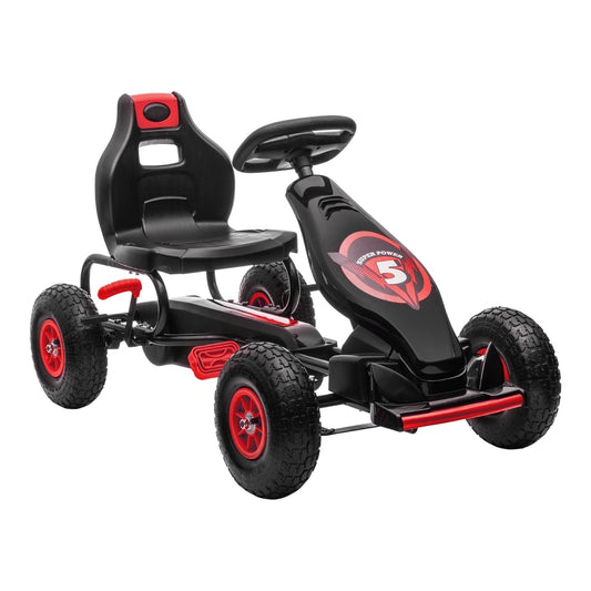 HOMCOM Kids Pedal Go Kart, a black and red ride-on car with a driver's seat and steering wheel