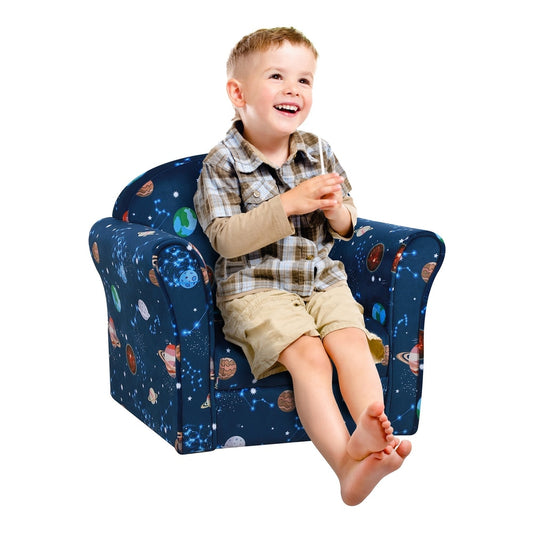 HOMCOM Kids Planet-Themed Armchair with a blue fabric featuring planets, stars, and rockets