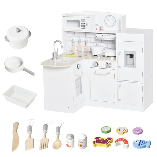 HOMCOM Kids Play Kitchen Wooden Toy with microwave, oven, sink and fridge