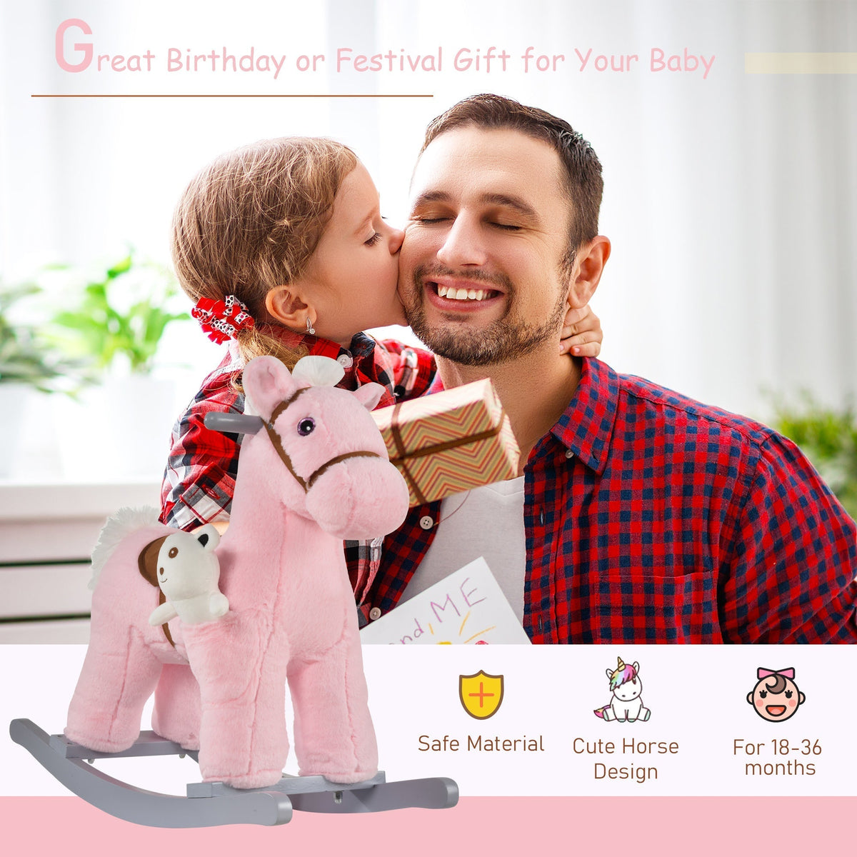 A young girl hugging the plush rocking horse while sitting next to her father
