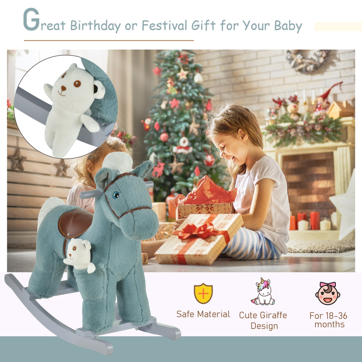 A blue plush rocking horse toy is presented as a gift for a child