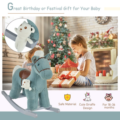 A blue plush rocking horse toy is presented as a gift for a child